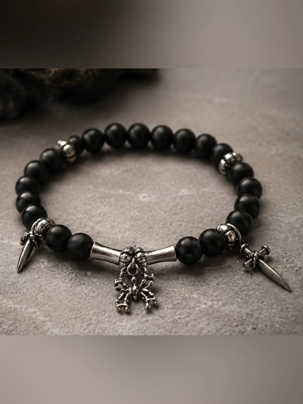 Handmade Men’s Gothic Spider Bracelet 8” Black Beads Cross Daggers